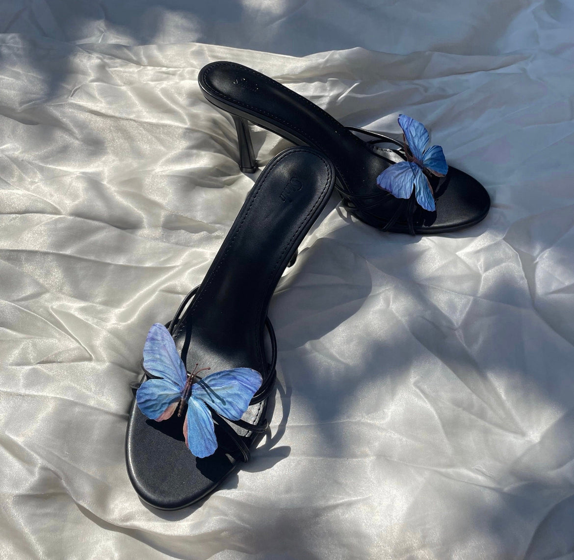 Josie Blue Butterfly Black Sandals