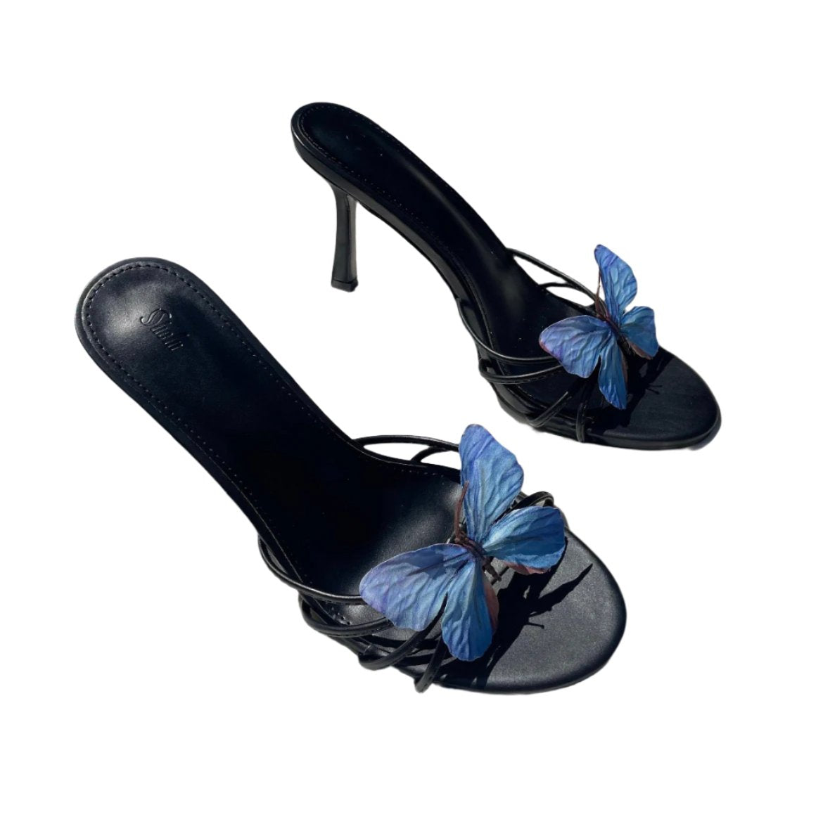 Josie Blue Butterfly Black Sandals