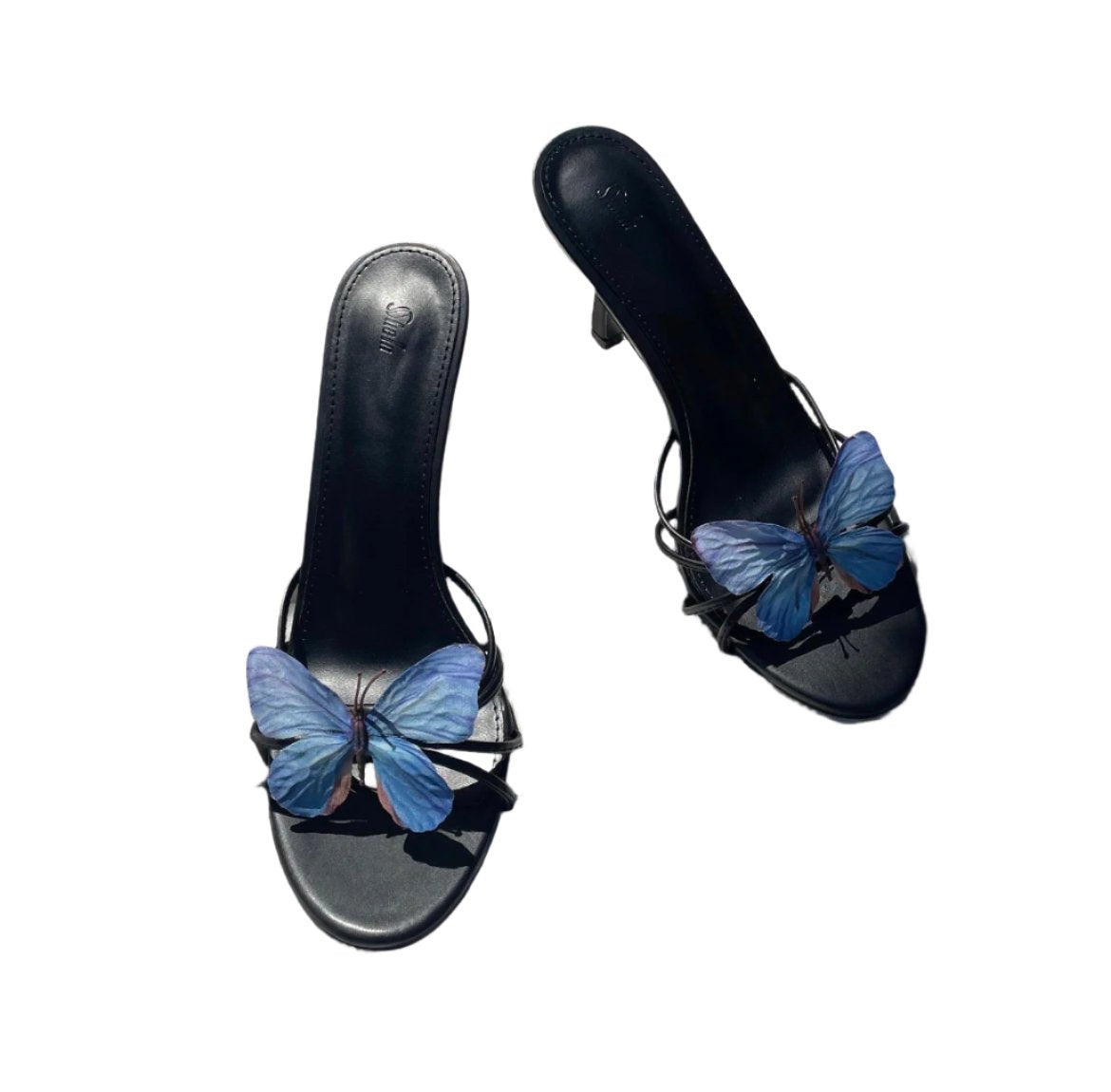 Josie Blue Butterfly Black Sandals