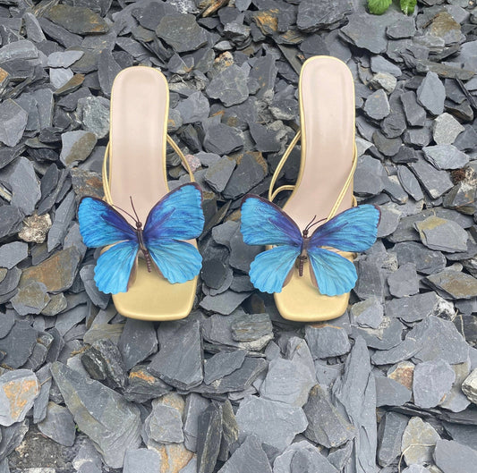 Adeline Gold, blue butterfly accent open toe sandal heels 🦋