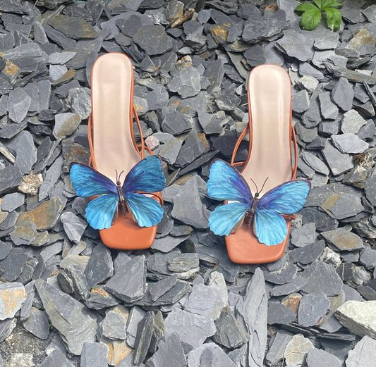 Adeline Brown, blue butterfly accent open toe sandal heels 🦋