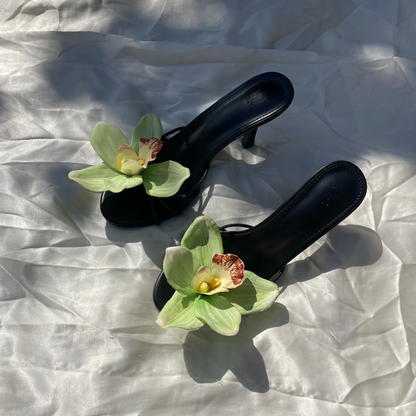 Joline Light Green Cymbidium Orchid Black Sandal